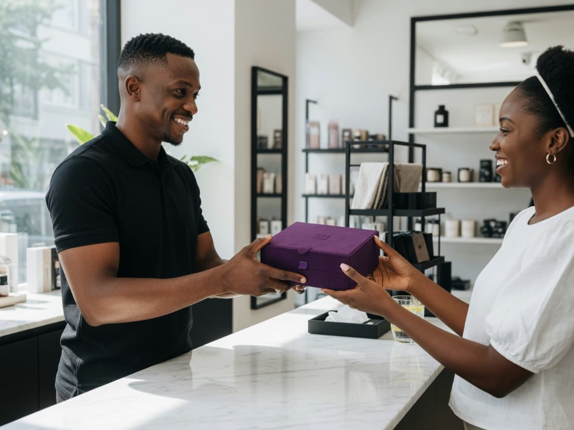 An agent handing a product box to a customer across a modern shop counter