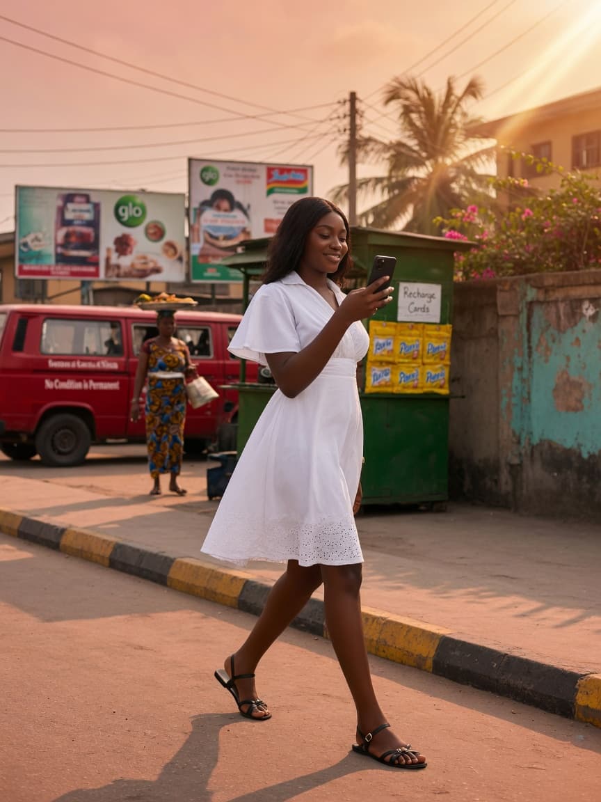 Agent walking a sunlit city street with her phone