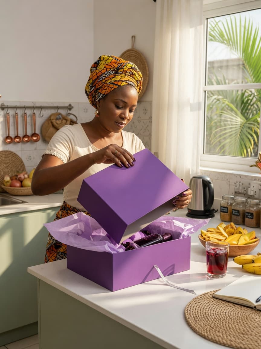 Unboxing a violet product box in a bright kitchen