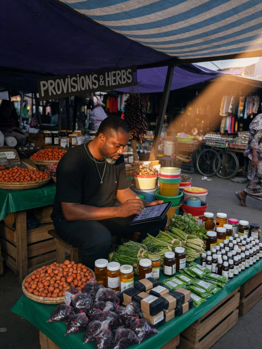 Agent at a market stall checking a tablet