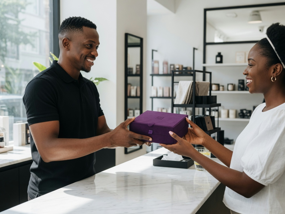 An agent handing a product box to a customer