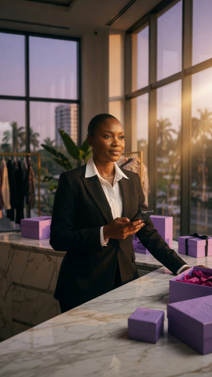 An Osusu agent in a sunlit boutique, phone in hand, ready for the day's orders